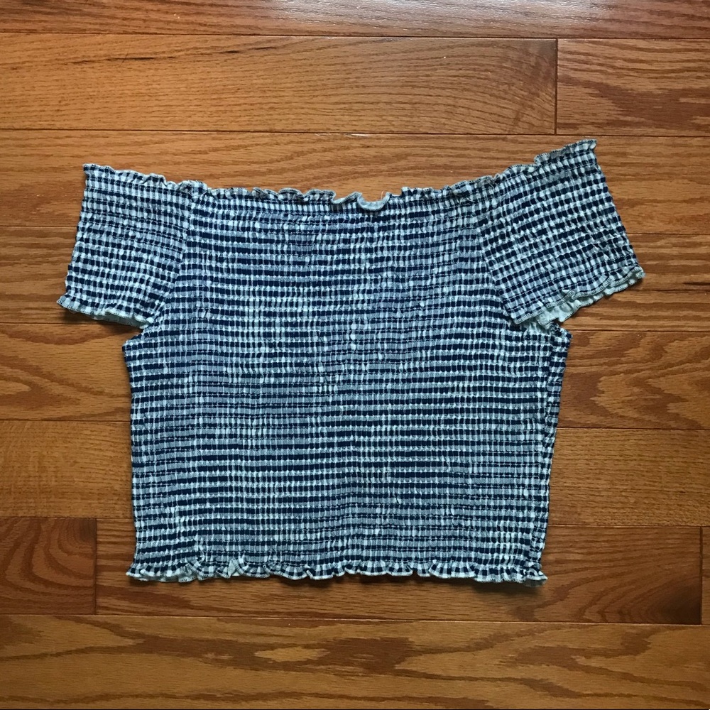 Blue & white smocked off-the-shoulder top - Picture 2 of 3